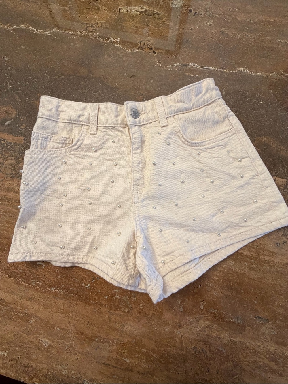 Zara White Pearl-Studded Denim Shorts